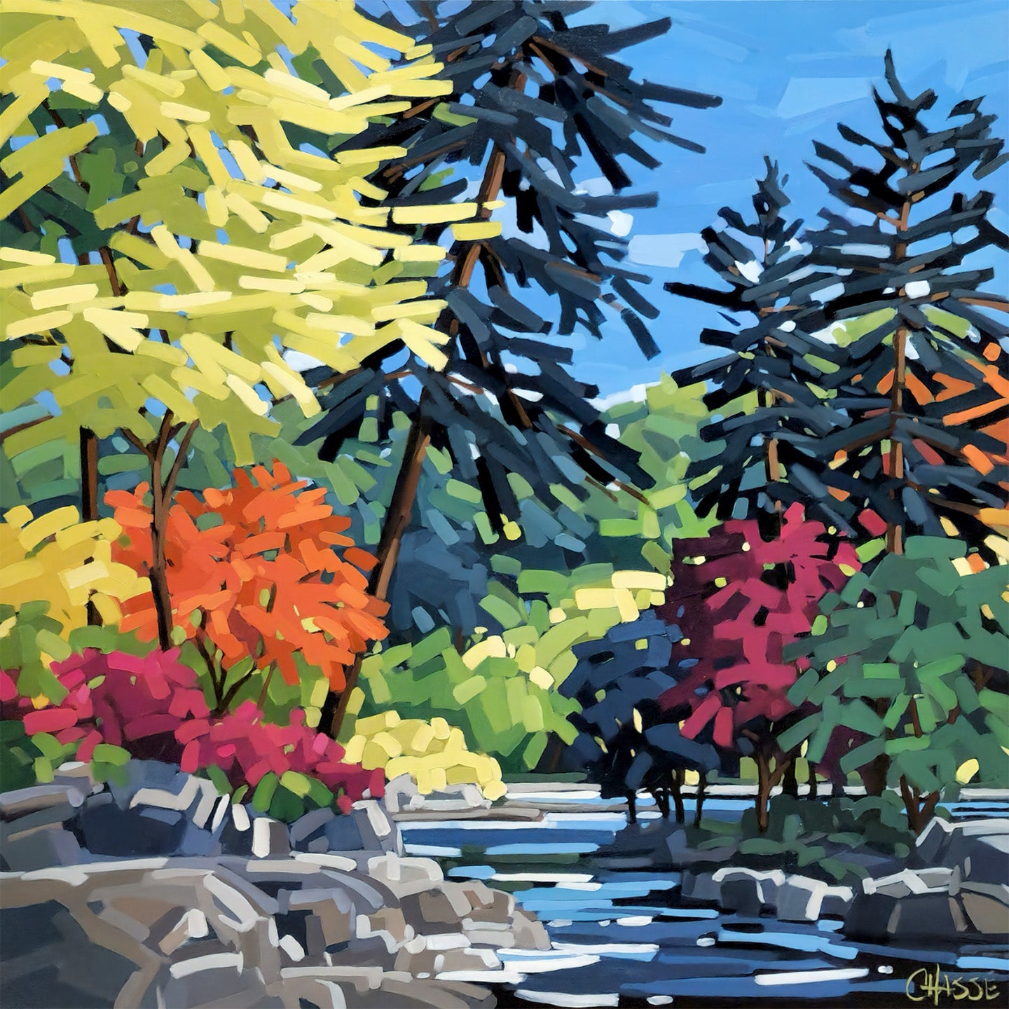 toile peinte à l'acrylique représentant une scène d'été en forêt en bordure d'une rivière avec des rochers à l'avant-plan. Journée ensoleillée, Style expressionnisme, couleurs vives et franches appliquées en larges touches. Oeuvre originale de Martine Chassé