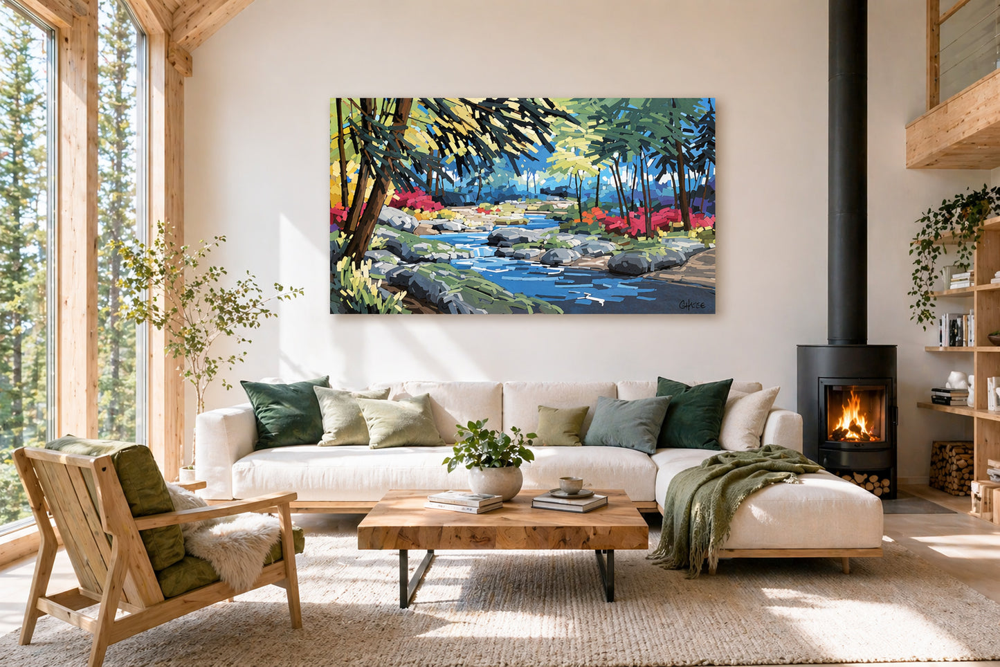 Grande peinture de paysage forestier avec ruisseau intégrée dans un salon de chalet scandinave lumineux, avec mobilier en bois, grandes fenêtres et vue sur la forêt
