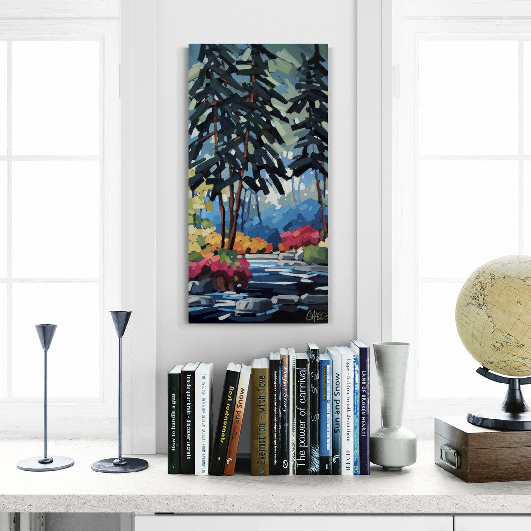 peinture mise en situation dans un décor avec fenêtres et livres et biblots