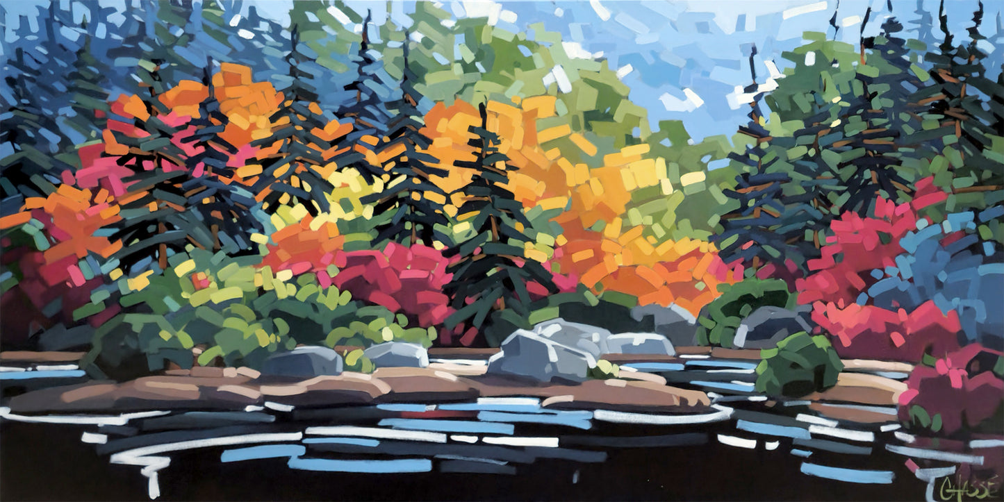 peinture acrylique sur toile représentant un plan d'eau avec un arrière-plan d'une forêt de conifères et feuillus à l'automne. Style expressionnisme, très coloré et vivant. Peinture appliquée en large touches.