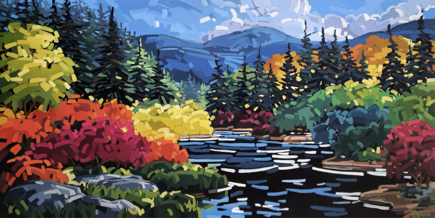 toile peinte à l'acrylique qui représente un paysage du Québec à l'automne. Rivière, forêt de conifères et feuillus. Style expressif, couleurs vives et franches appliquées en larges touches.