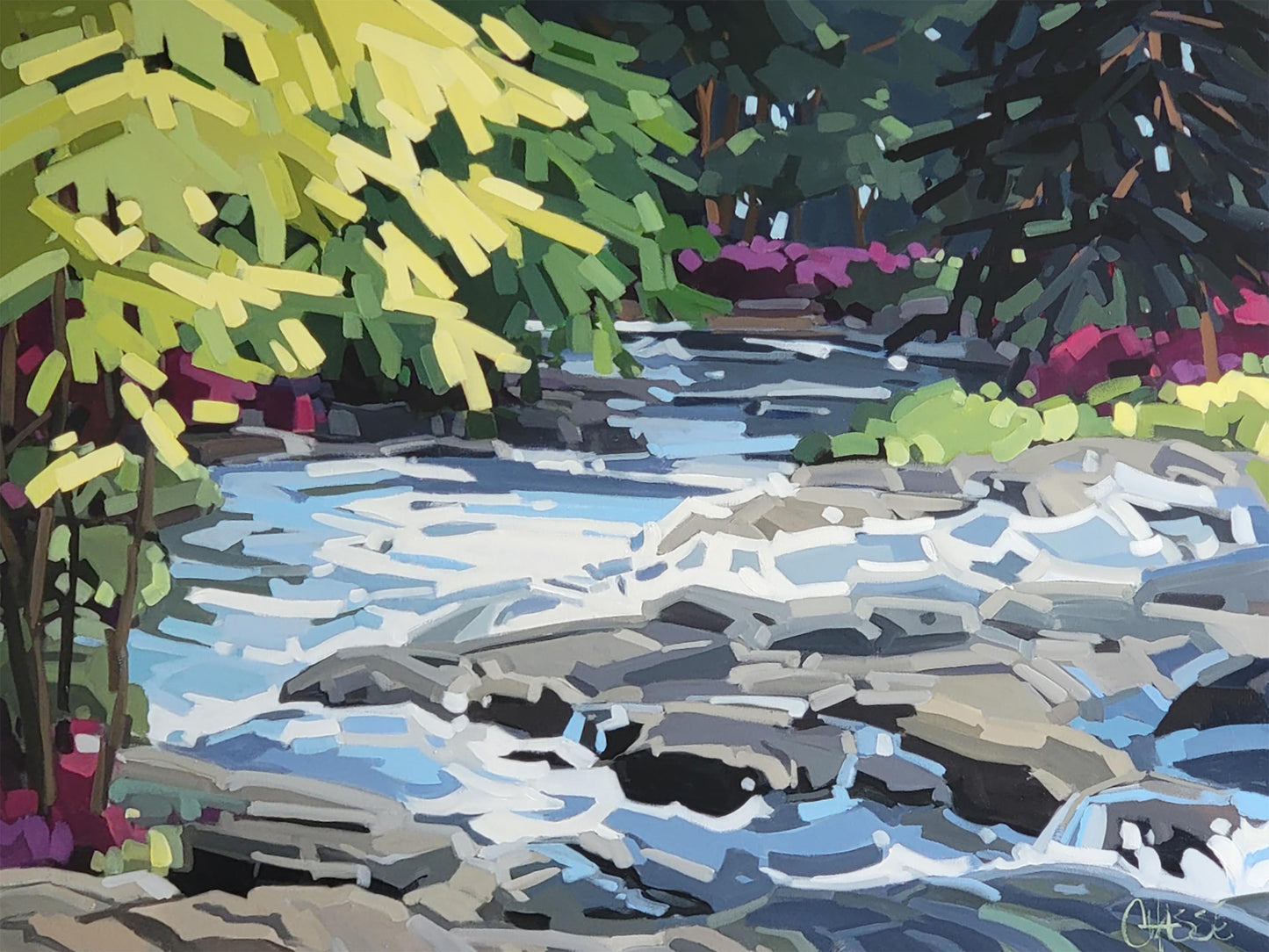 tableau qui représente une rivière en cascades en pleine effervescence après la pluie. Œuvre de Martine Chassé artiste peintre