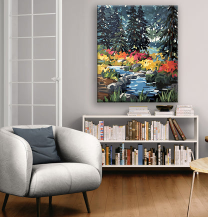 Mise en situation d'une peinture de Martine Chassé, peintre contemporaine du Québec, placée dans un livingroom épuré et bien éclairé. Avec petite bibliotèque et fauteuil invitant.