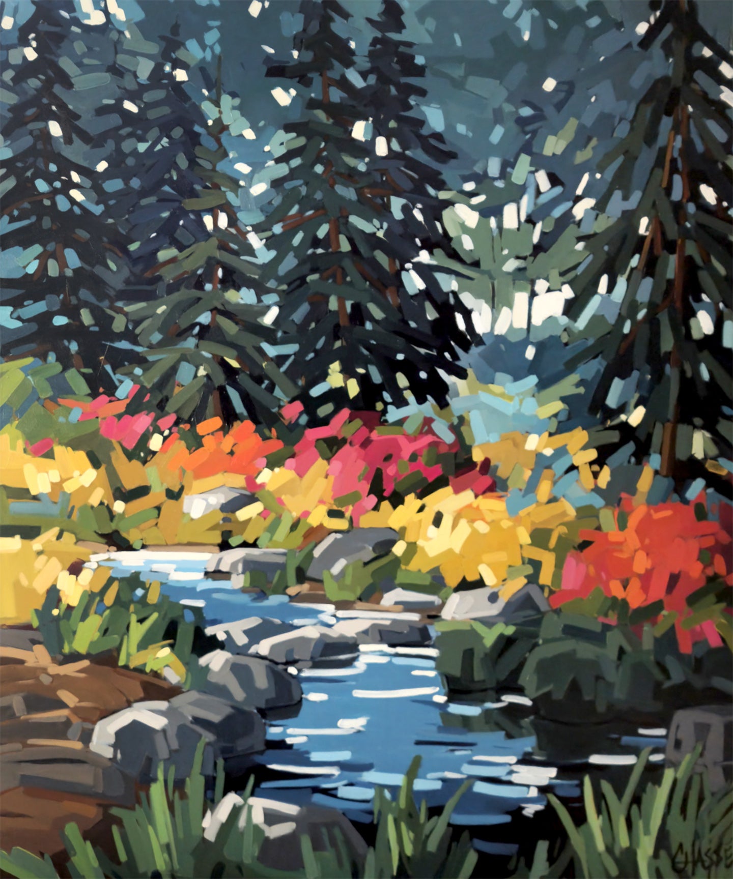 Peinture acrylique de Martine Chassé, peintre contemporaine québécoise, représentant un petit ruisseau ou marais en bordure de forêt. Oeuvre colorée et vibrante.