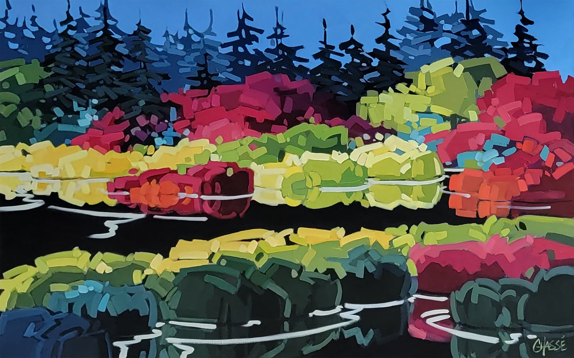 Inspiré des marais de la forêt boréale par l'artiste peintre québécoise Martine Chassé, ce tableau offre une palette de couleurs vives qui révèlent une touche personnelle et distinctive.