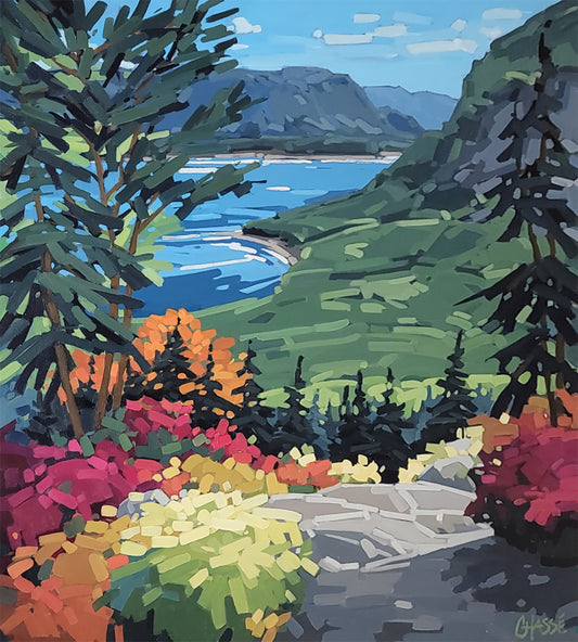 Tableau de type expressionisme présentant un paysage de Terre-Neuve. Présence de montagnes, de forêts de conifières et d'arbustres colorés .Paysage en surplomb qui donne sur un baie.