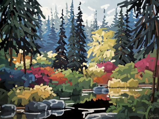 Peinture contemporaine représentant un étang bordé de conifères et d'arbustes aux couleurs éclatantes. Une composition lumineuse inspirée de la nature canadienne, où l'eau reflète toute la richesse du paysage.