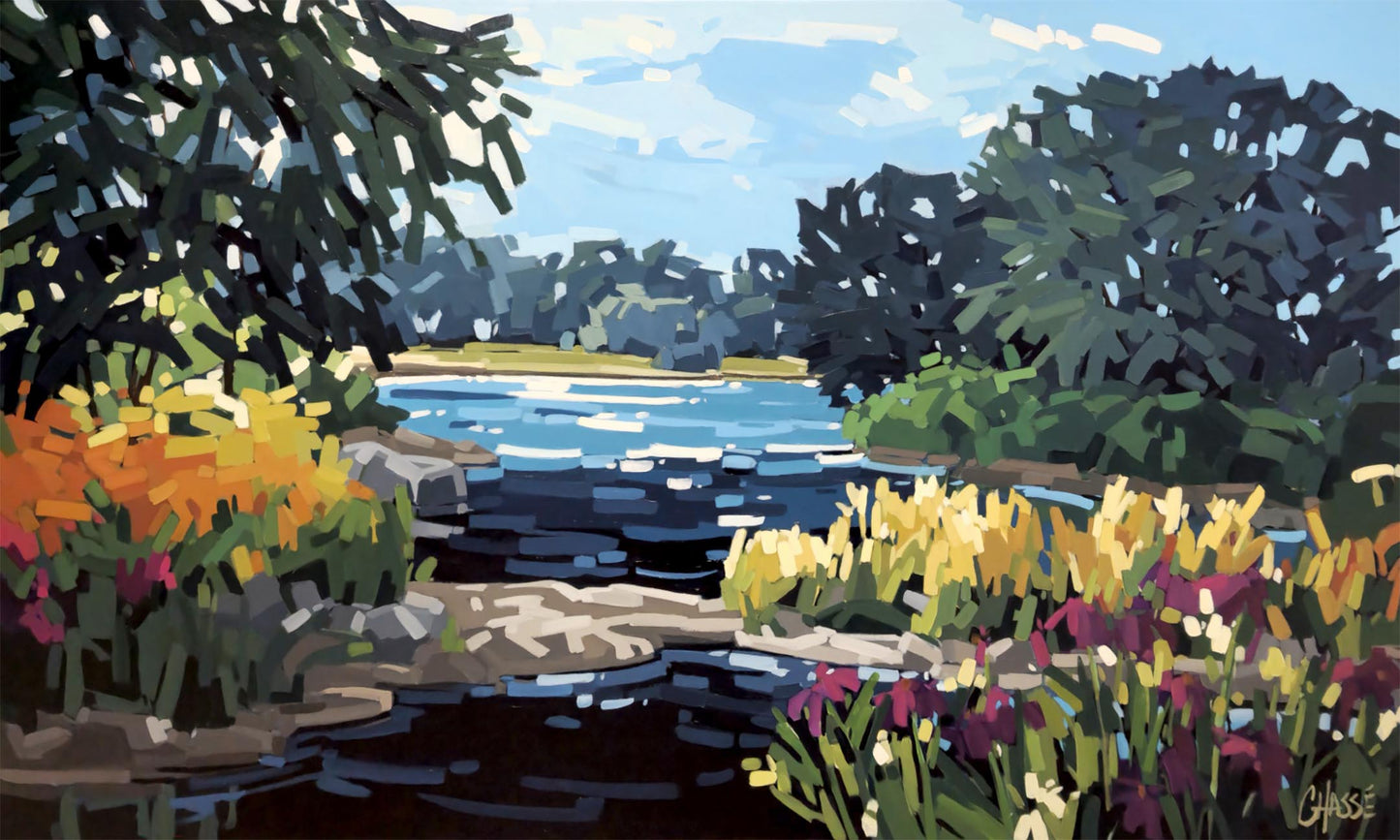 Peinture contemporaine d'un paysage de rivière bordé de fleurs colorées et d'arbres, symbolisant l'ouverture d'horizon et la sérénité retrouvée dans notre parcours de vie.