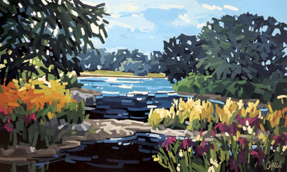 Peinture contemporaine d'un paysage de rivière bordé de fleurs colorées et d'arbres, symbolisant l'ouverture d'horizon et la sérénité retrouvée dans notre parcours de vie.