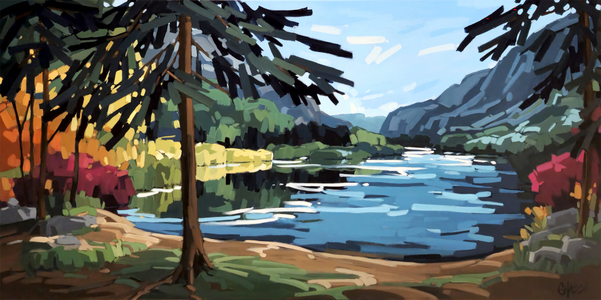 Grande peinture abstraite horizontale représentant un lac bordé d’arbres et de montagnes, avec des reflets dans l’eau et des touches de couleurs automnales