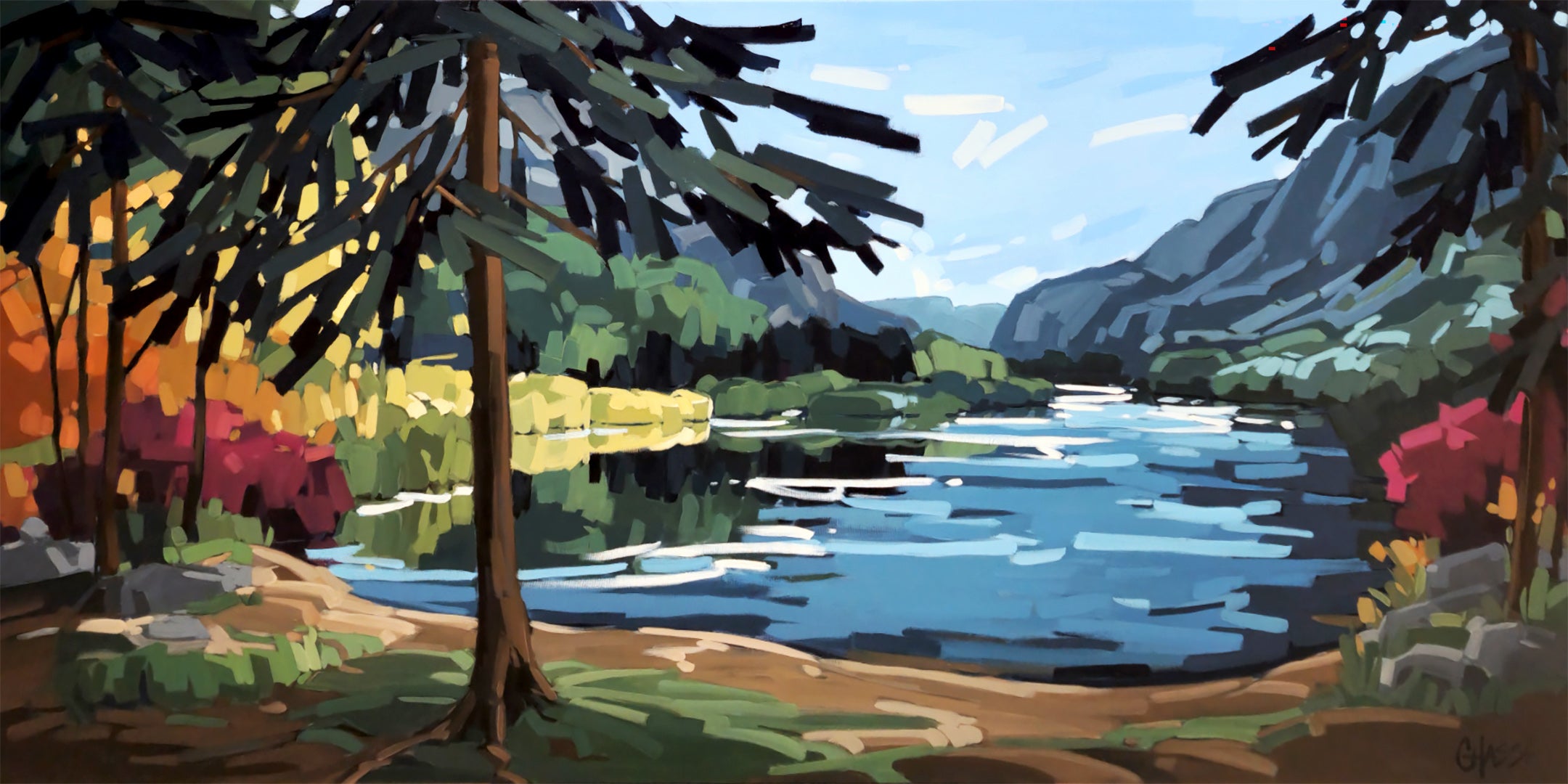 Grande peinture abstraite horizontale représentant un lac bordé d’arbres et de montagnes, avec des reflets dans l’eau et des touches de couleurs automnales