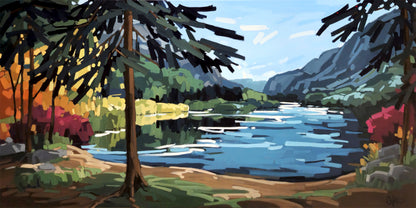 Grande peinture abstraite horizontale représentant un lac bordé d’arbres et de montagnes, avec des reflets dans l’eau et des touches de couleurs automnales