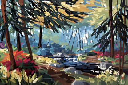 Peinture contemporaine d’un ruisseau en forêt avec rochers, arbres et feuillage coloré, dans un style semi-abstrait lumineux inspiré des paysages naturels du Québec.