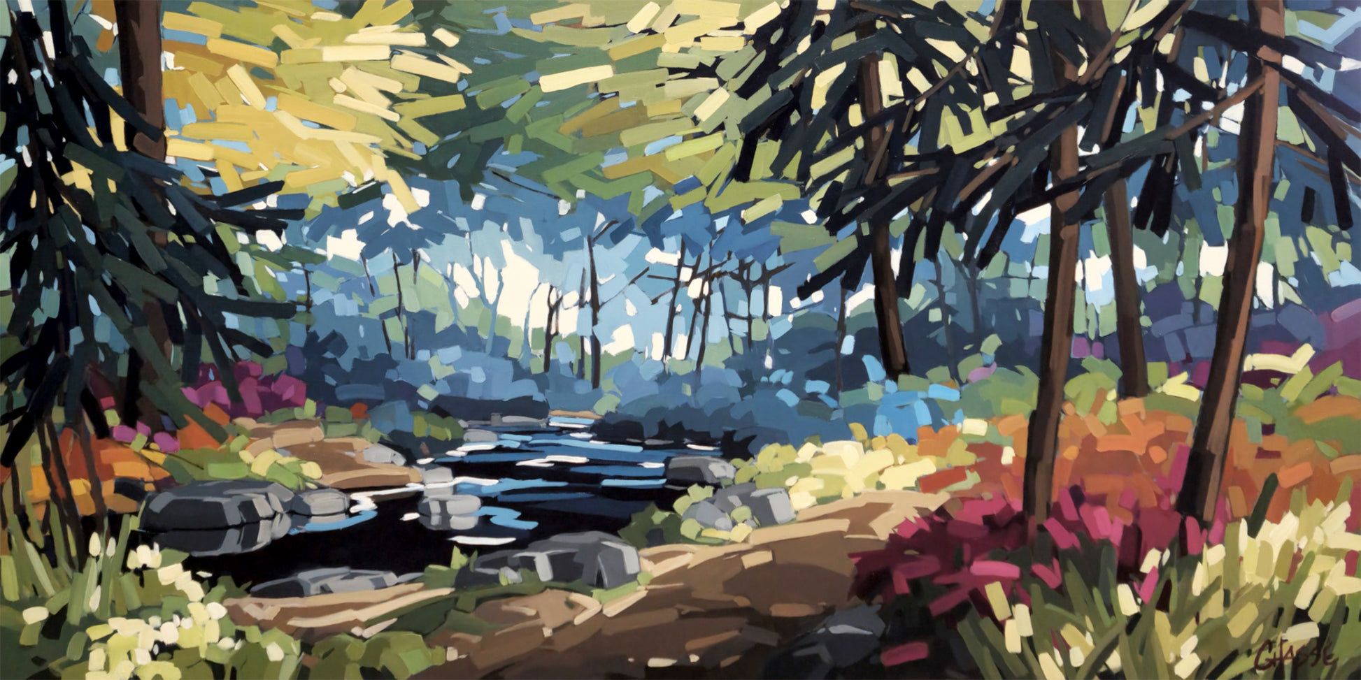 Peinture de Martine Chassé représentant un ruisseau sinueux traversant une forêt lumineuse, entouré de rochers, d’arbres élancés et de végétation colorée aux touches fragmentées.