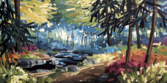Peinture de Martine Chassé représentant un ruisseau sinueux traversant une forêt lumineuse, entouré de rochers, d’arbres élancés et de végétation colorée aux touches fragmentées.