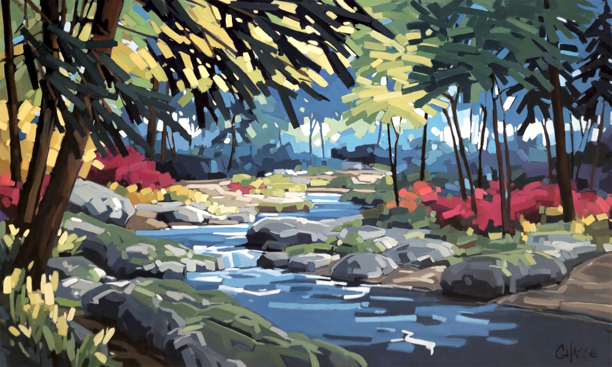 Peinture contemporaine d’un ruisseau en forêt avec rochers, arbres et feuillage coloré, dans un style semi-abstrait lumineux inspiré des paysages naturels du Québec.