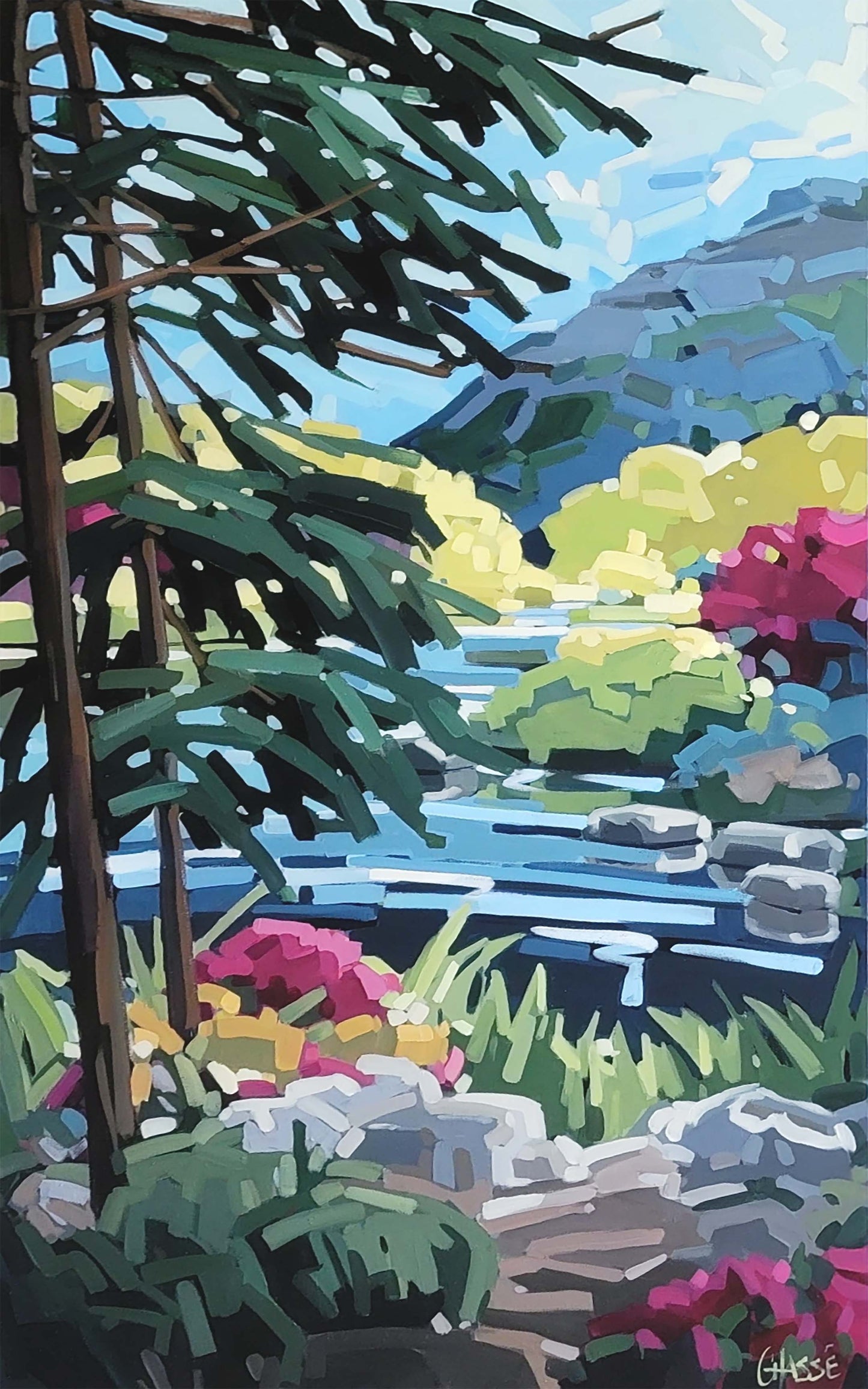 Tableau représentant une rivière inspiré d'une scène prise dans le Parc de la Mauricie. Oeuvre de Martine Chassé