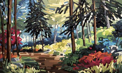 Peinture de Martine Chassé représentant un sentier forestier baigné de lumière, traversant une végétation dense aux couleurs vives, avec des arbres élancés et une lumière filtrée en touches fragmentées qui crée une ambiance lumineuse et immersive.