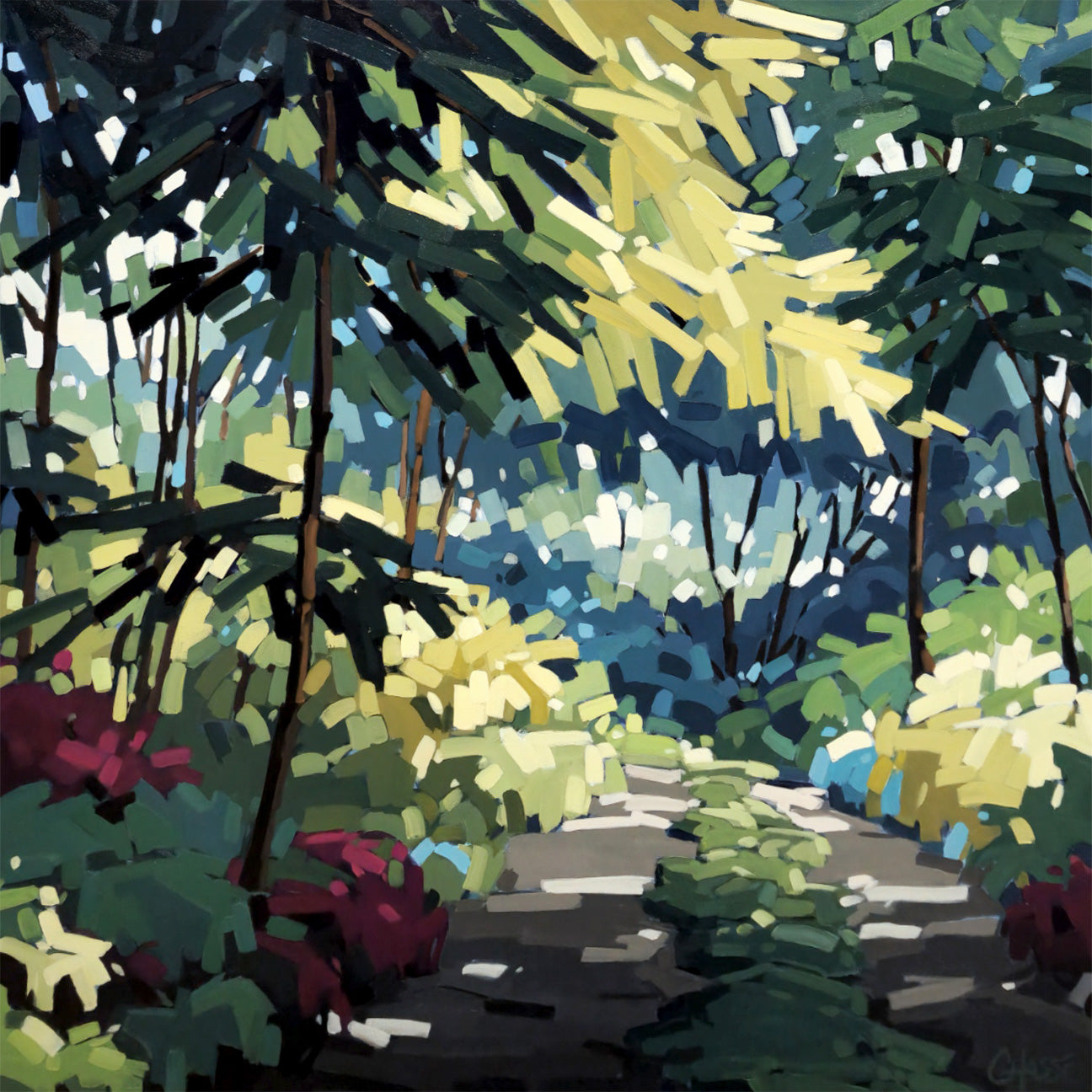 Peinture de style impressionniste moderne représentant un sentier forestier ombragé, illuminé par de vifs éclats de lumière jaune et verte à travers un feuillage dense aux coups de pinceau géométriques et épais.