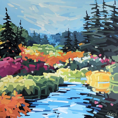 tableau représentant un marais du Parc de la Mauricie, couleurs vives appliquées en larges traits