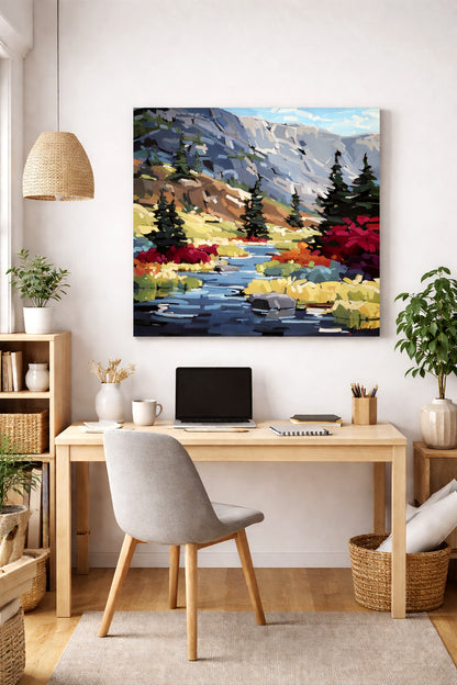 bureau à la maison de style scandinave avec oeuvre vibrante