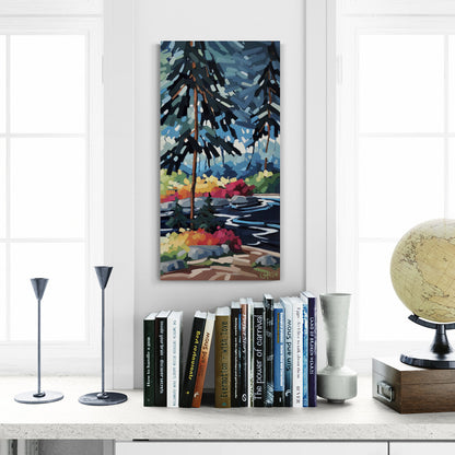 Mise en situation d'une peinture dans un décor avec fenêtre et livres
