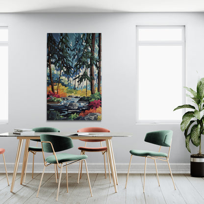 Mise en situation d'une peinture de Martine Chassé peintre contemporaine québécoise dans un décor de salle de réunion épurée et bien éclairée.