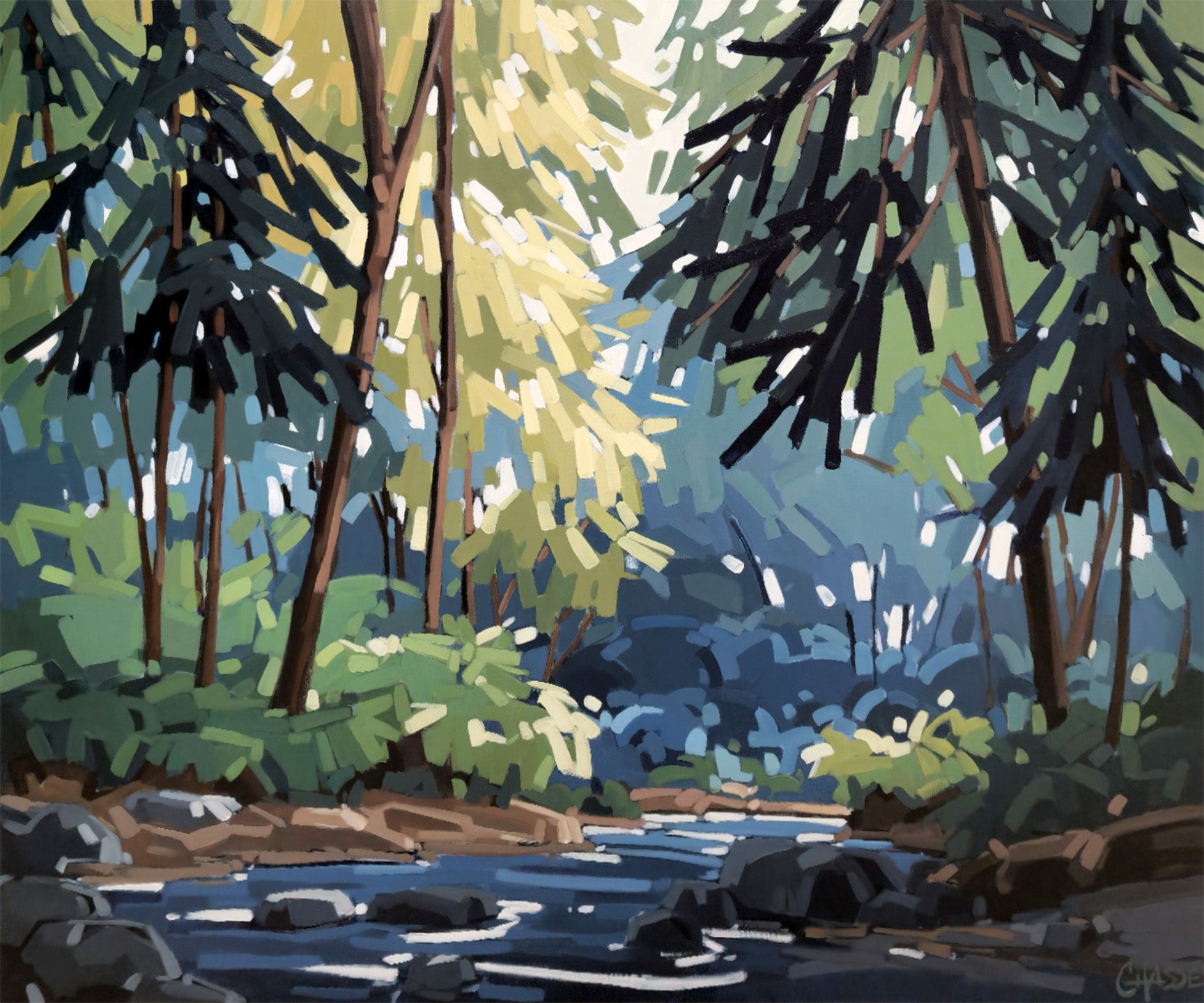 Peinture contemporaine d'un ruisseau serpentant sous les épinettes où la lumière traverse doucement la forêt. Une œuvre empreinte de calme, de profondeur et de sérénité, inspirée des paysages boréaux.