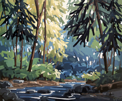 Peinture contemporaine d'un ruisseau serpentant sous les épinettes où la lumière traverse doucement la forêt. Une œuvre empreinte de calme, de profondeur et de sérénité, inspirée des paysages boréaux.
