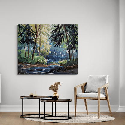 Peinture contemporaine d'un ruisseau serpentant sous les épinettes où la lumière traverse doucement la forêt. Une œuvre empreinte de calme, de profondeur et de sérénité, inspirée des paysages boréaux.