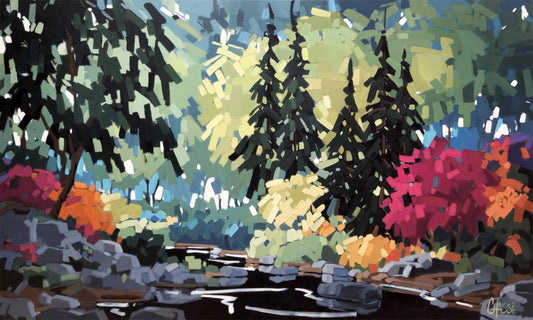 Peinture de paysage québécois représentant un ruisseau rocheux traversant une forêt de conifères, entouré de feuillages aux couleurs vives de l’automne, dans des tons de rose, orange, jaune, vert et bleu.