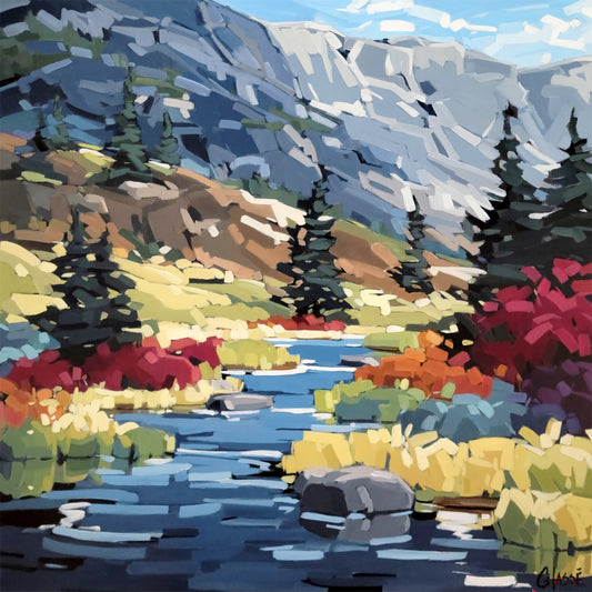 Ruisseau de montagne traversant un paysage coloré, entouré d’arbres et de rochers, peint avec des touches expressives et lumineuses.