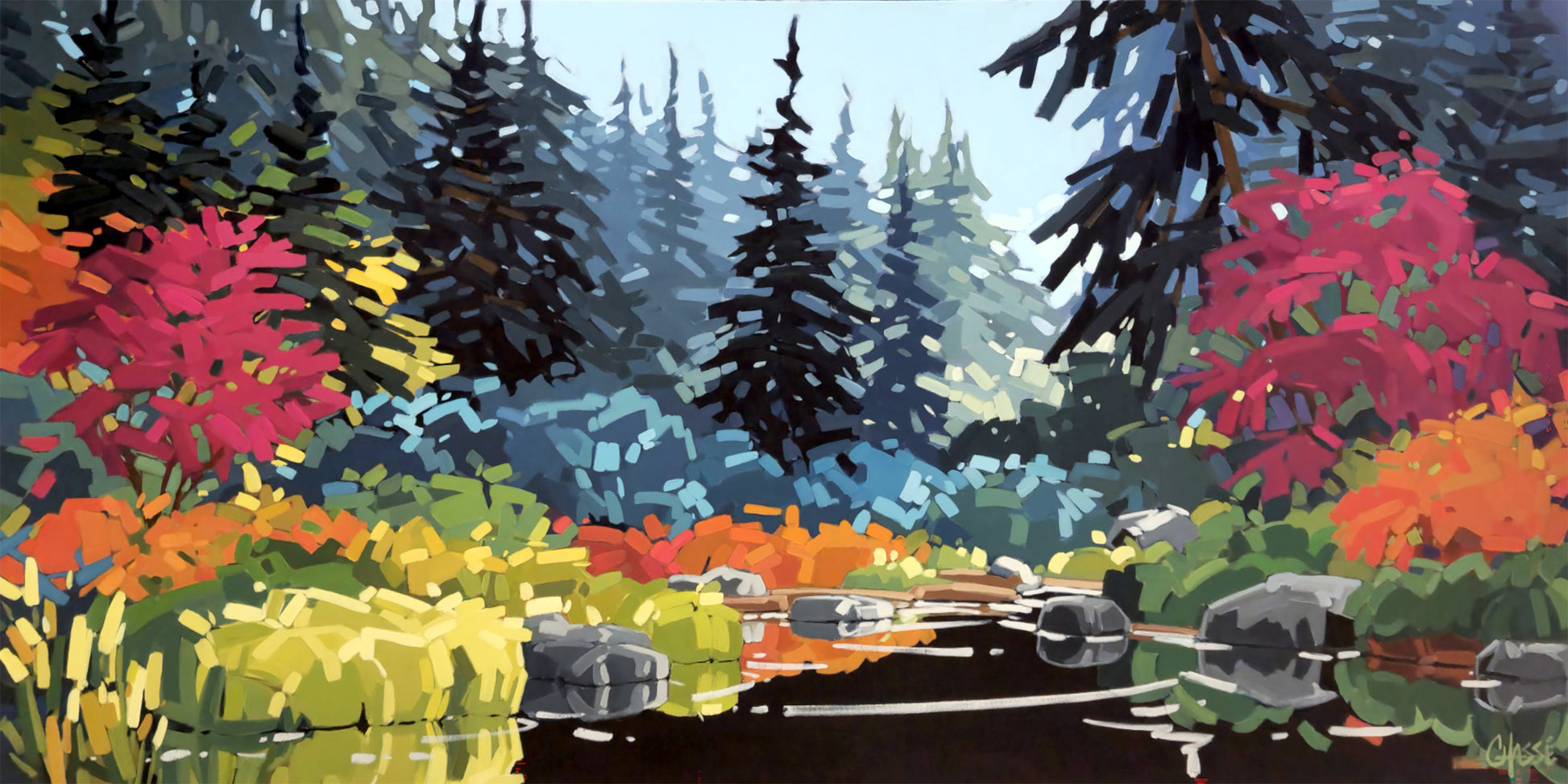 Peinture impressionniste contemporaine représentant la source d'un lac en forêt boréale. Un étroit cours d'eau serpente entre des rochers et une végétation flamboyante aux teintes de rose, d'orange et de jaune. Des conifères bleutés encadrent la scène et conduisent le regard vers une ouverture lumineuse au fond du paysage, créant une atmosphère paisible et contemplative.