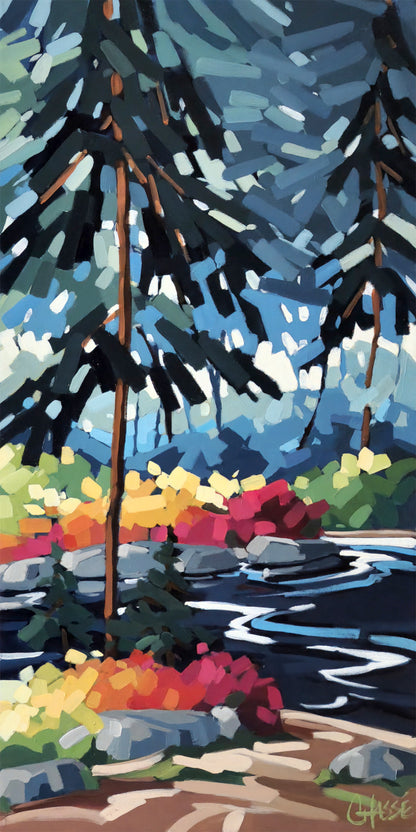 peinture acrylique paysage estival coloré, sous-bois et rivière