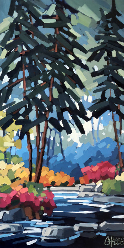 peinture acrylique de Martine Chassé peintre contemporaine du Québec. Paysage estival coloré représentant un sous-bois et une rivière