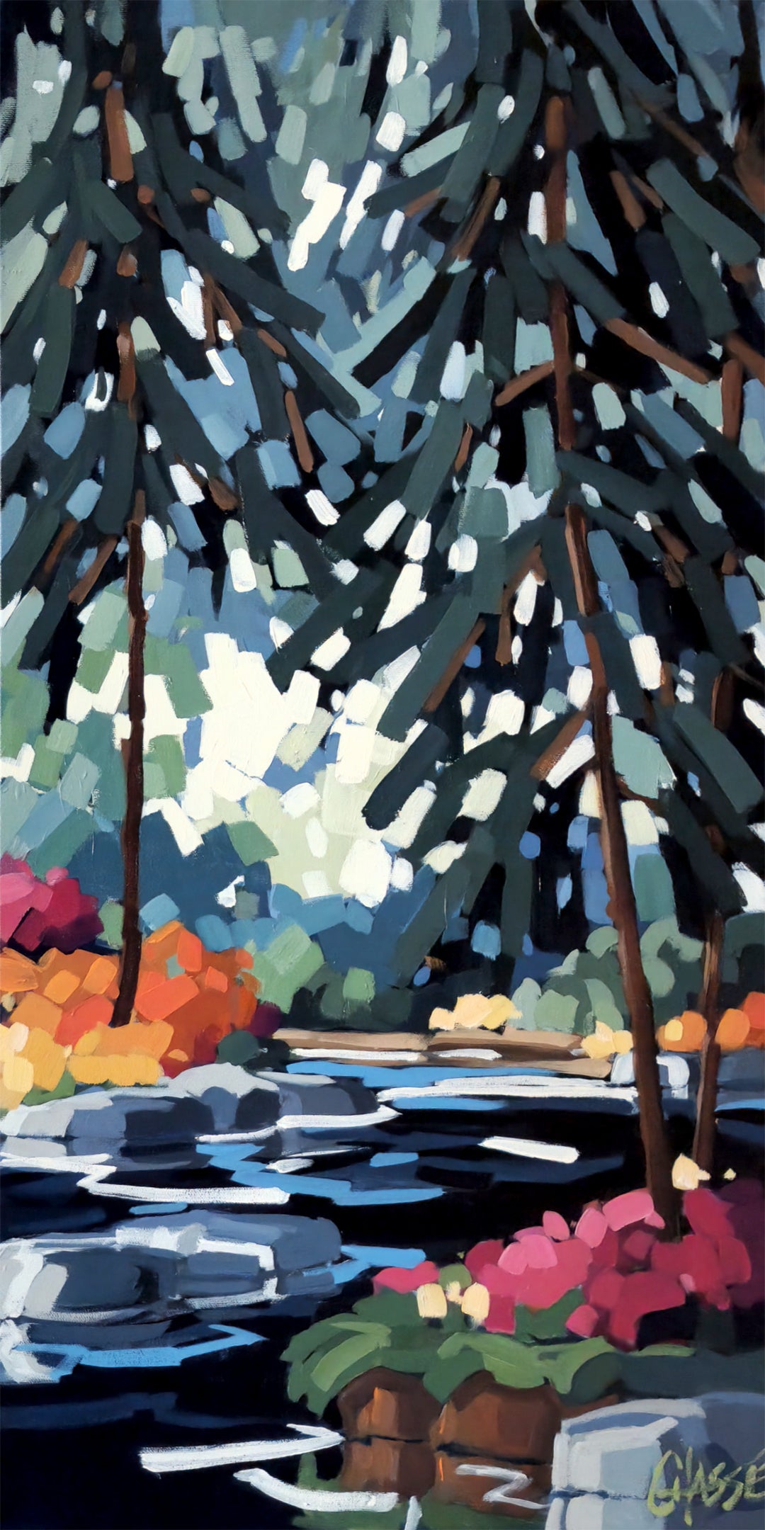 Peinture acrylique de Martine Chassé, peintre contemporaine du Québec. Paysage estival coloré représentant un sous-bois et une rivière