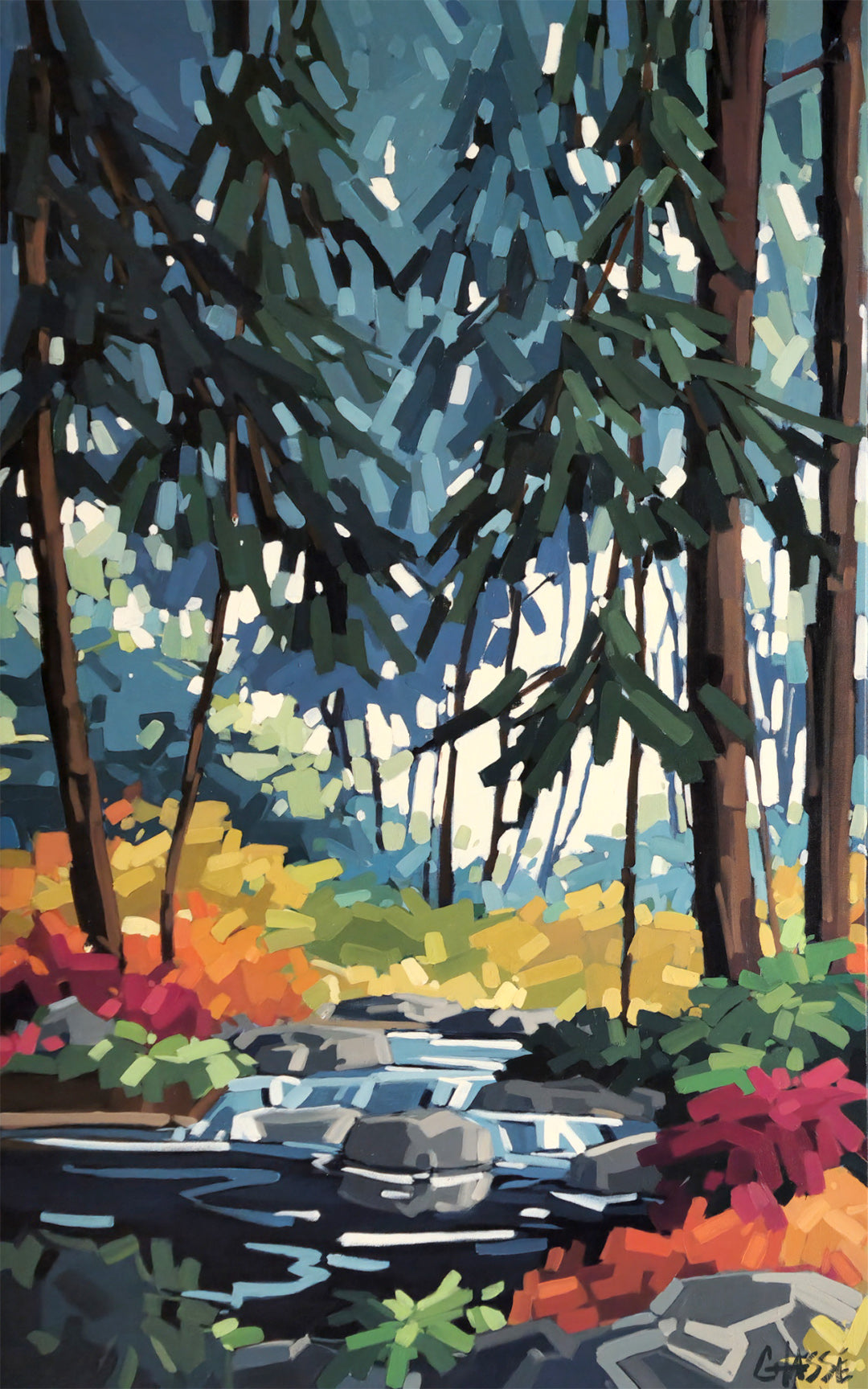 peinture acrylique de Martine Chassé peintre contmeporaine du Québec. Oeuvre colorée représentant une forêt ombragée traversée par une rivière avec des cascades.