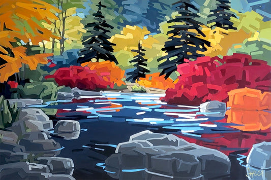 tableau représentant une rivière paisible en automne, couleurs vives qui contrastent avec les conifères. Oeuvre de Martine Chassé