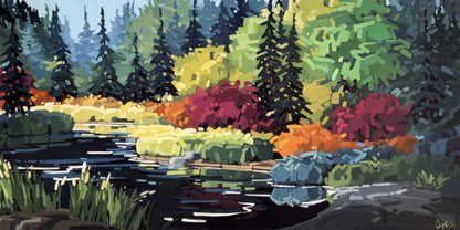 Peinture d'un étang calme entouré de conifères, d'arbustes aux feuillages rouges, orangés et vert tendre ainsi que de plantes aquatiques. Les reflets colorés animent la surface de l'eau dans une ambiance lumineuse et paisible.