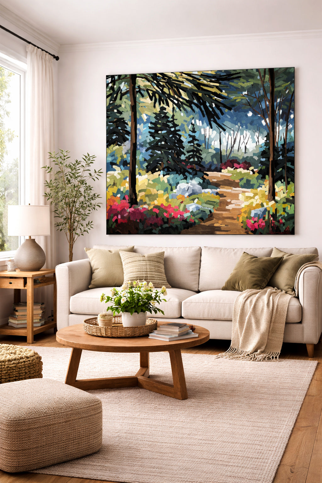 Grande peinture sans cadre représentant un sentier forestier coloré, installée au-dessus d’un canapé dans un salon lumineux au style scandinave.