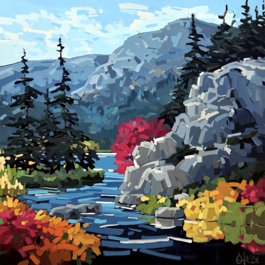 Peinture contmeporaine de style expressif représentant un bord de lac durant une journée très lumineuse avec comme arrière-plan des montagnes teintées de bleu. Avant-plan coloré par la présence des petits arbustes.