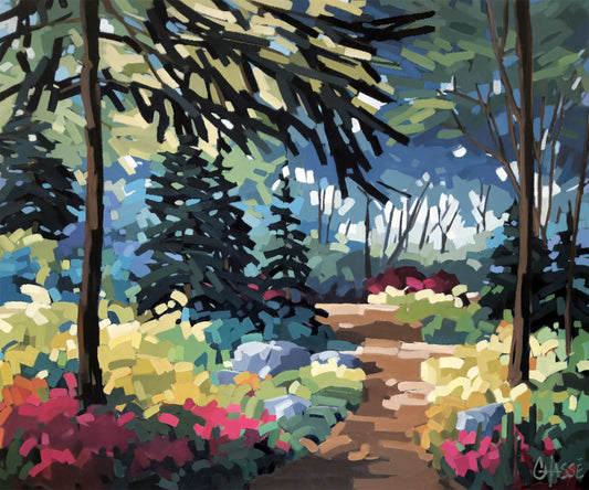 Peinture d’un sentier sinueux traversant une forêt lumineuse, bordé de végétation colorée et baigné de lumière douce.