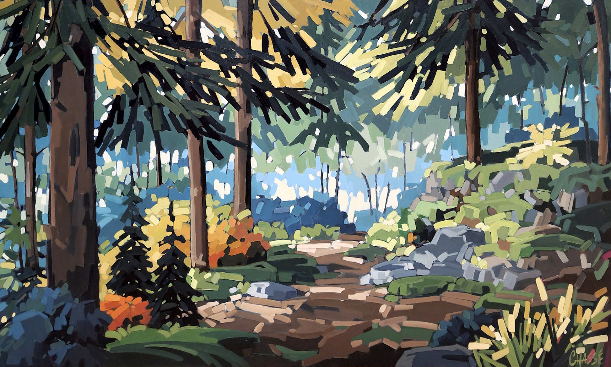 Peinture d'un sentier forestier traversant une forêt d'épinettes. Les rayons du soleil filtrent entre les branches, créant un jeu d'ombres et de lumière sur le sol, les rochers et les mousses. À l'arrière-plan, une douce lumière bleutée attire le regard et évoque la profondeur de la forêt boréale.

Haïku