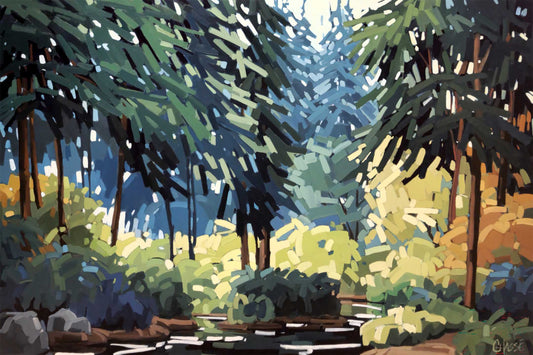 Peinture de paysage représentant un sous-bois en été, baigné de lumière, où se mêlent de multiples nuances de bleu et de vert entre les arbres et les feuillages, créant une atmosphère fraîche et apaisante.