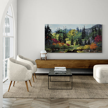 Grand tableau représentant une forêt boréale et la source d'un lac installé au-dessus d'une longue poutre en bois dans un salon lumineux de style scandinave. Des fauteuils crème, une table basse noire et des matériaux naturels mettent en valeur les couleurs vibrantes et la lumière du paysage peint.