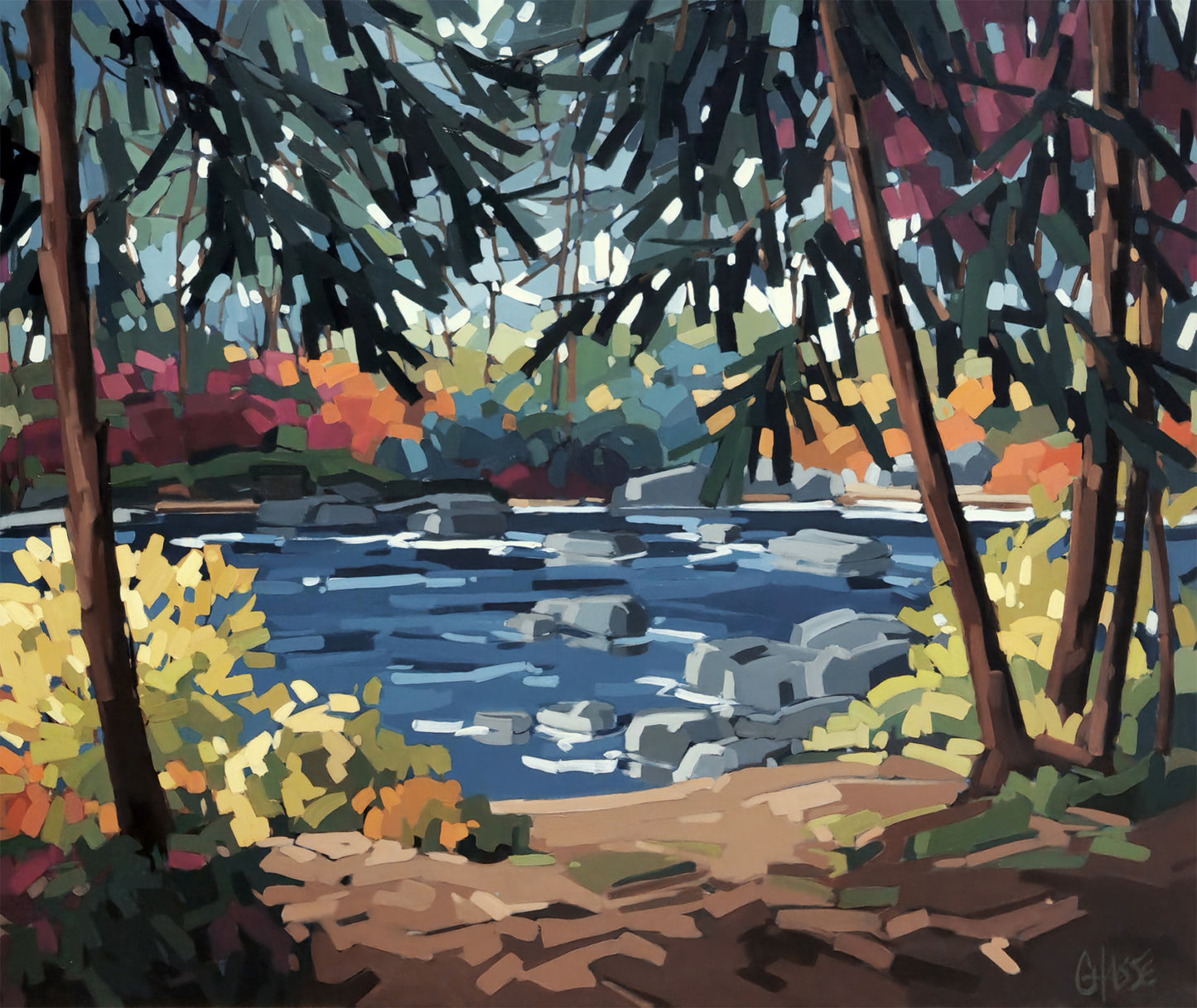 Peinture acrylique de Martine Chassé artiste peintre contemporaine québécoise. Paysage forestier stylisé montrant une rivière aux eaux bleutées parsemée de rochers, encadrée d’arbres aux branches sombres et de feuillages colorés aux teintes d’automne.