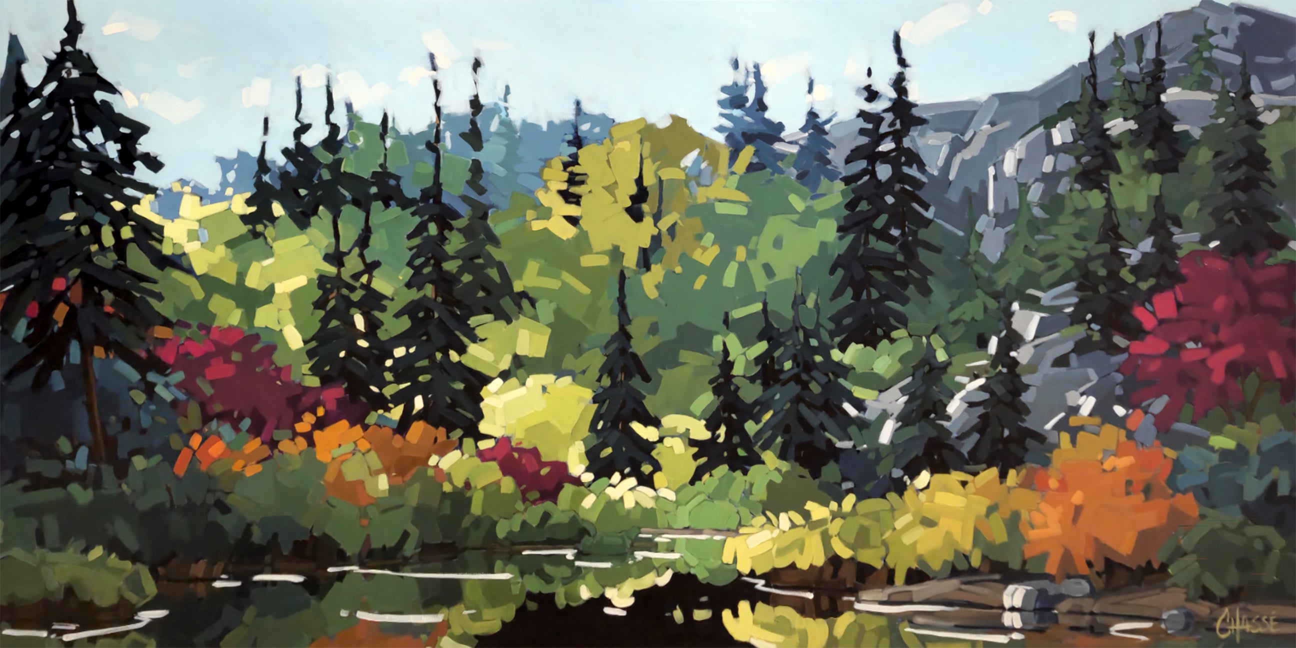 Peinture d'un paysage boréal où une petite étendue d'eau reflète une forêt d'épinettes noires. Des feuillages verts, dorés, orangés et pourpres illuminés par le soleil contrastent avec les conifères sombres et les affleurements rocheux en arrière-plan, créant une scène paisible à la source d'un lac.