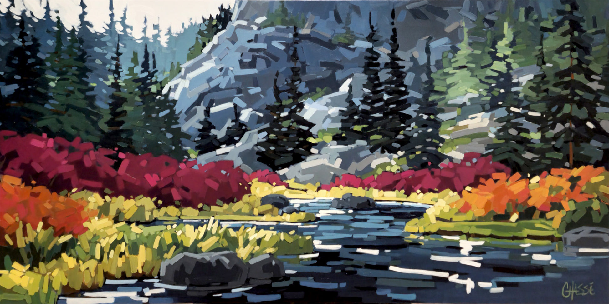 Peinture de style post-impressionniste moderne représentant un ruisseau de montagne entouré d'une végétation d'automne aux teintes rouges, orange et jaunes. Des sapins d'un vert profond se dressent devant une paroi rocheuse grise et lumineuse stylisée par de larges coups de pinceau géométriques.