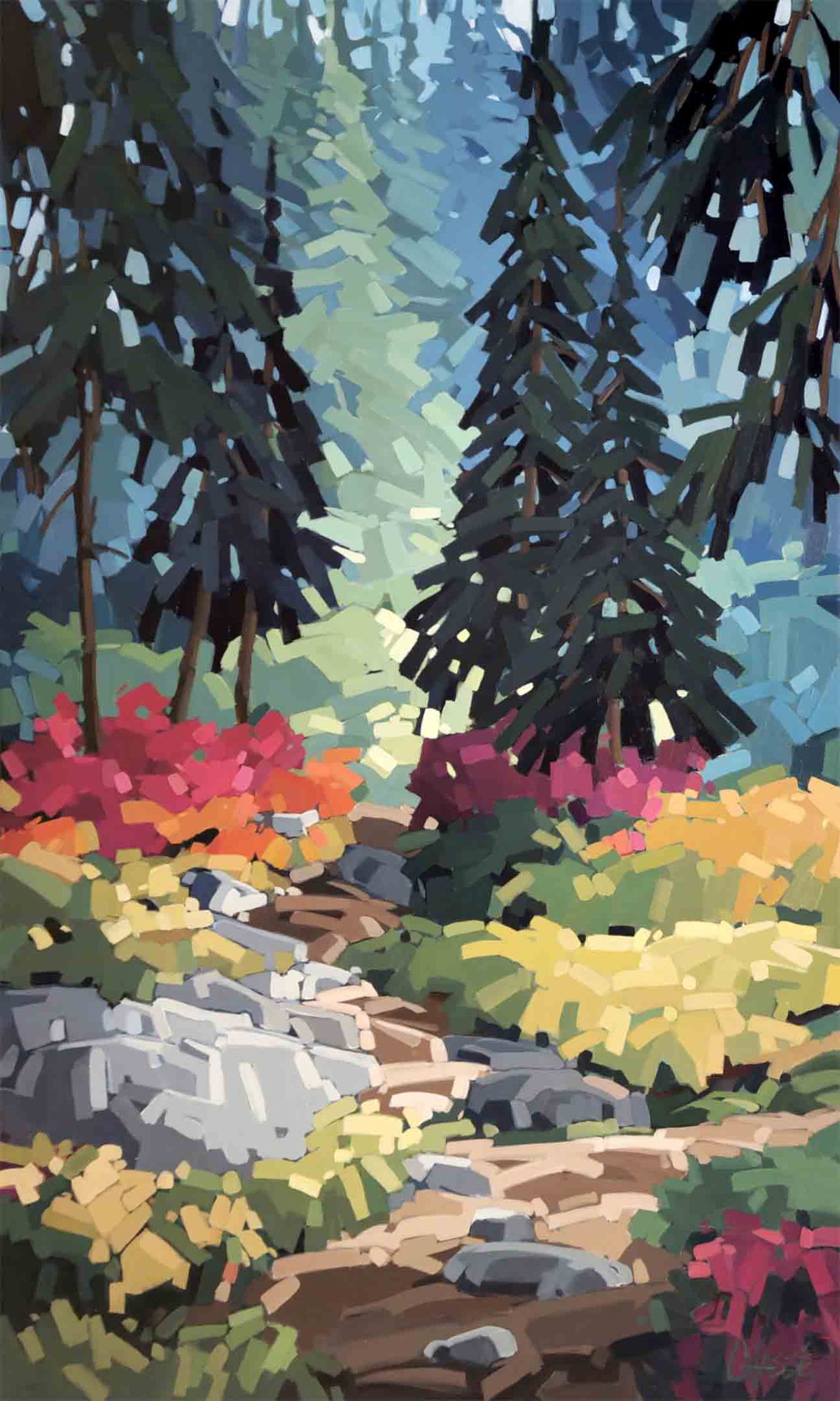Peinture de paysage forestier représentant un sentier rocheux traversant une forêt d’épinettes, dans des tons de bleu, vert et jaune, par l’artiste peintre québécoise Martine Chassé.