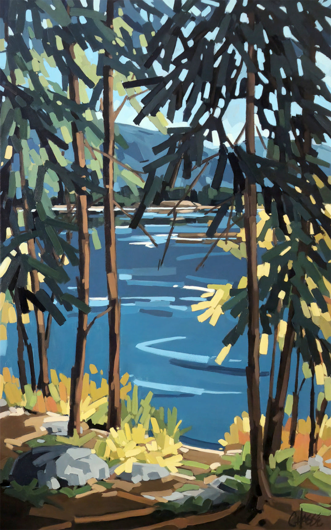 Peinture acrylique de Martine Chassé peintre contmeporaine du Québec. Oeuvre représentant un paysage de fin d'été, sur le bord d'un lac.
